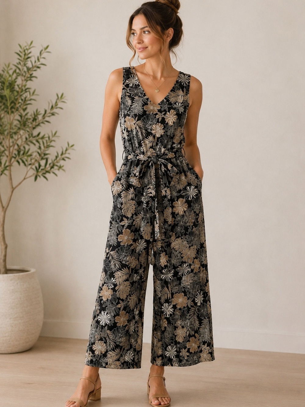 J. Jill Wearever Petite Tropical Print Wide Leg Jumpsuit Pockets SP